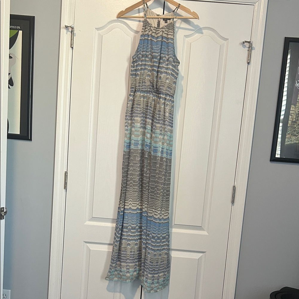 Lily Rose Blue and Gray Maxi Dress with chevron pattern